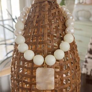 Cream & Pearl Bubble Bead Necklace w/ Stone Pendant